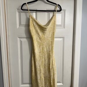 Vtg Y2K 90s Paper Heart Yellow Floral‎ Maxi Slip Dress Cowl Neck Slit Size Small